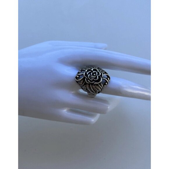 Vintaghe 925 Sterling Silver Carved Rose Flower Ring size 10 Signed Stamped - Picture 3 of 14